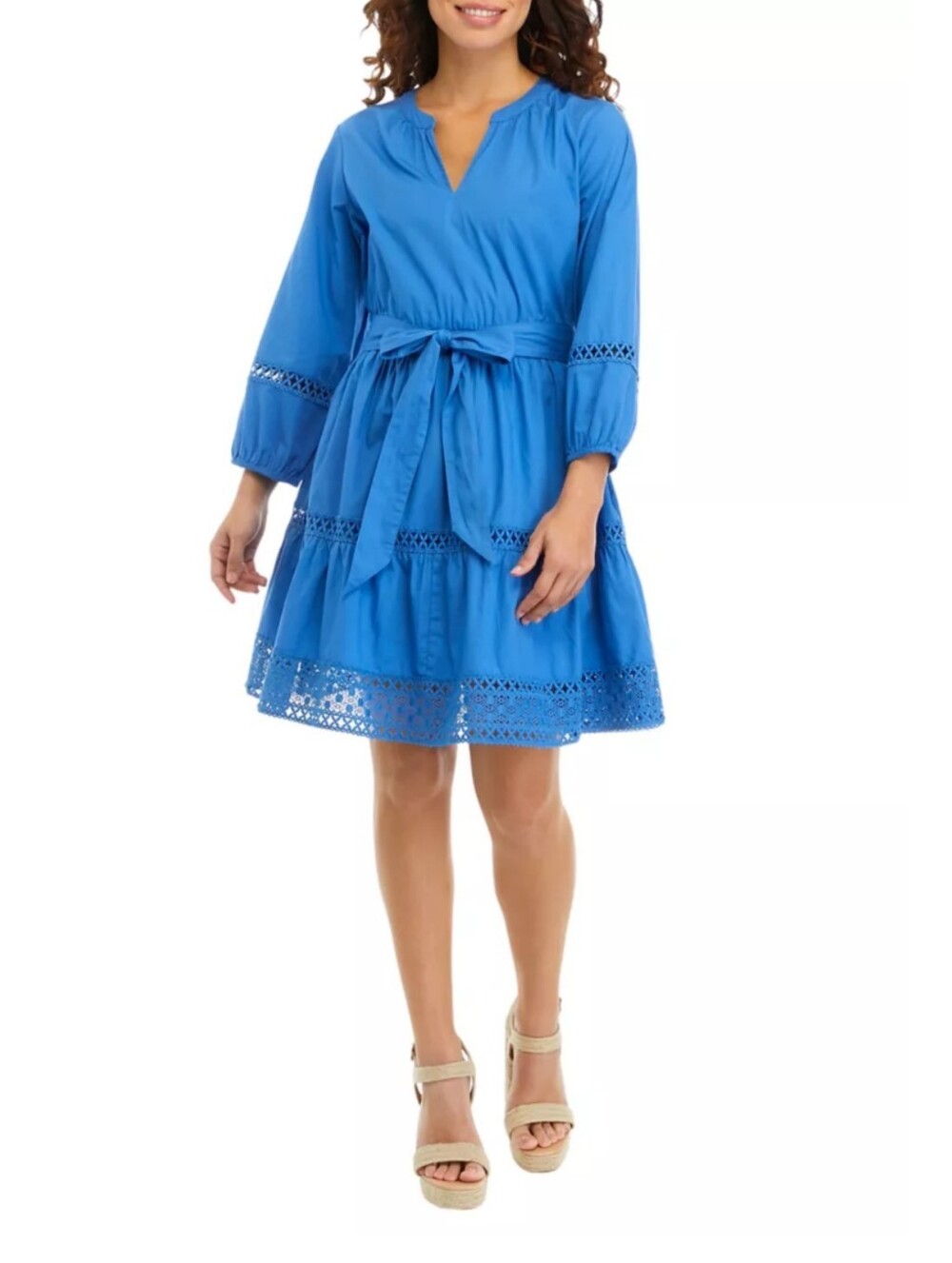 Wonderly Bright Blue Tiered Lace-Trim Mini Dress 3/4 Sleeve